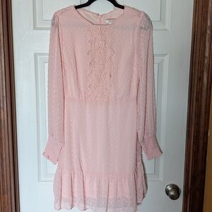 Andree Pink Swiss Dot Lace-Trim Long-Sleeve Dress